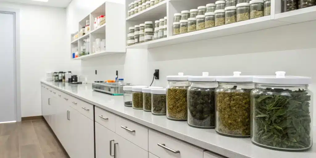 Realistic office scene displaying both medical cannabis products and recreational weed packaging, highlighting key differences in presentation and use.