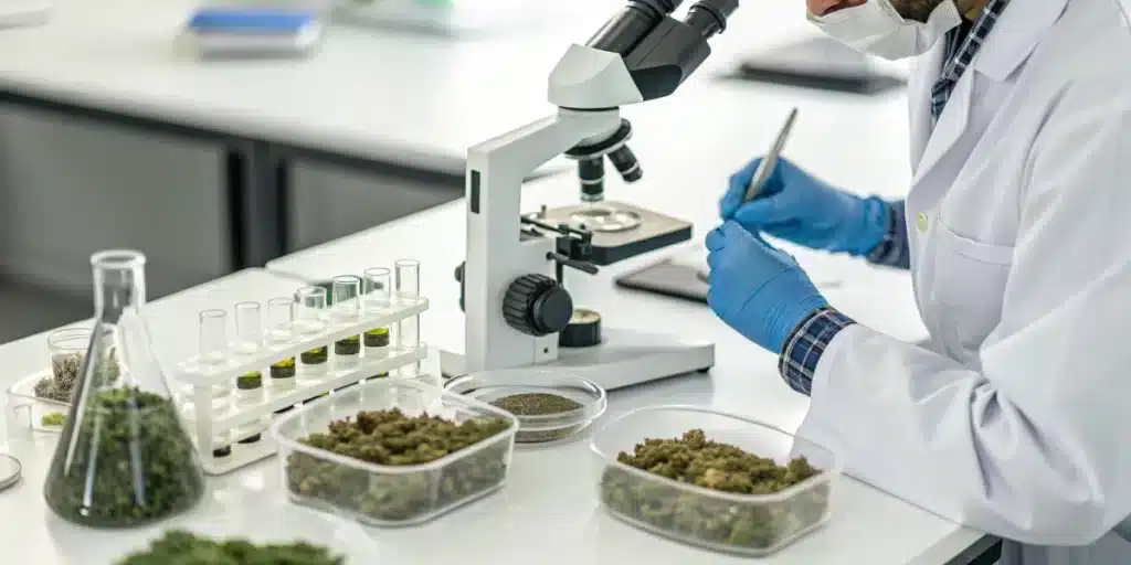Realistic lab scene displaying analysis of medical vs recreational cannabis to assess potency and cannabinoid profiles.