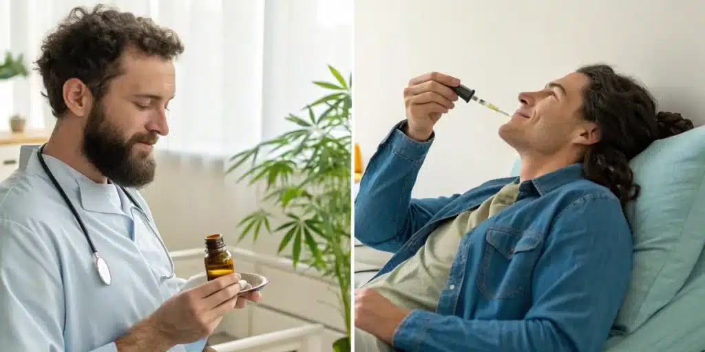 Realistic image contrasting medical and recreational marijuana use, emphasizing distinct user experiences and strength differences.