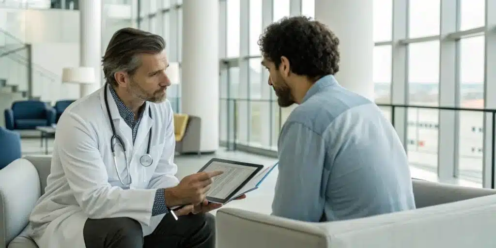 Realistic image of a doctor consulting with a patient about metformin and marijuana treatments, emphasizing informed health decisions.