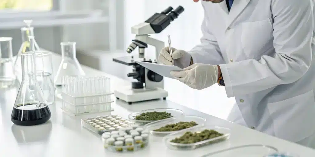 Realistic laboratory setting with a researcher analyzing metformin and marijuana compounds, highlighting scientific investigation.