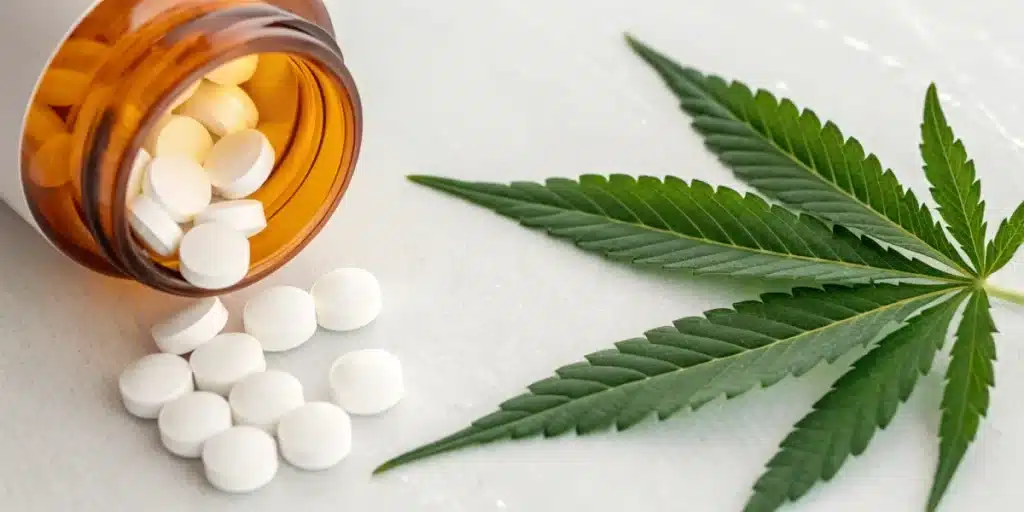 Realistic image showing metformin and marijuana side by side, illustrating their interactions and health considerations.