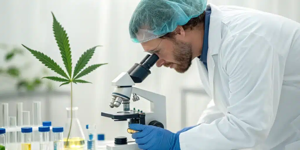 Realistic lab scene showing research on best microbes for cannabis with a microscope and cannabis leaf.