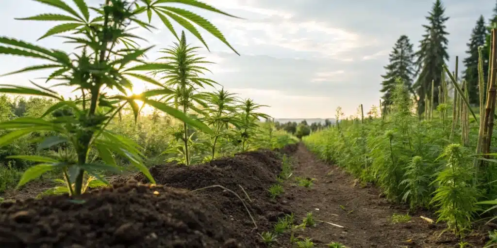 Realistic outdoor garden scene highlighting best microbes for cannabis improving plant health and soil quality.