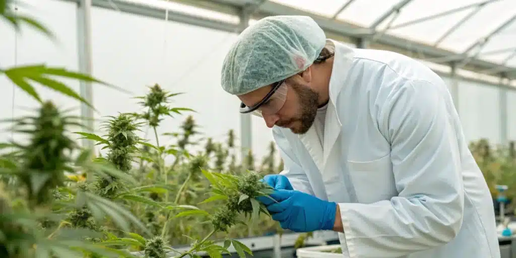 Realistic scene of testing for microbes and bacteria in cannabis in a greenhouse environment.