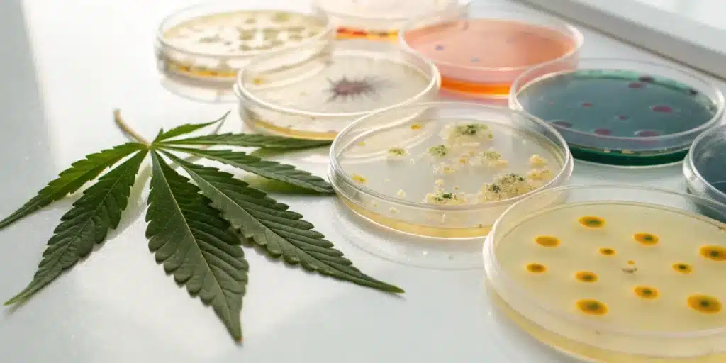 Realistic close-up of lab tests for microbes and bacteria in cannabis showing culture plates and sample.