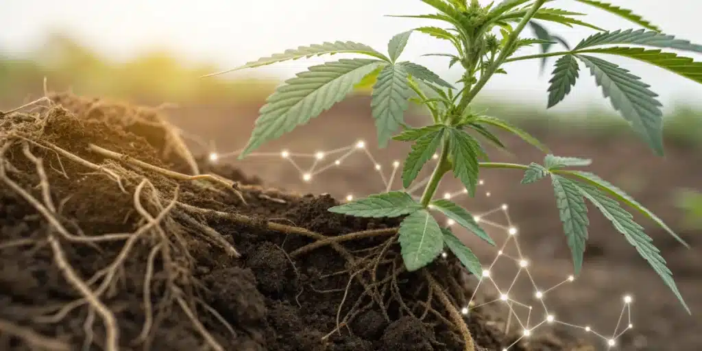 Realistic close-up of cannabis roots with beneficial microbes visibly enhancing soil quality.
