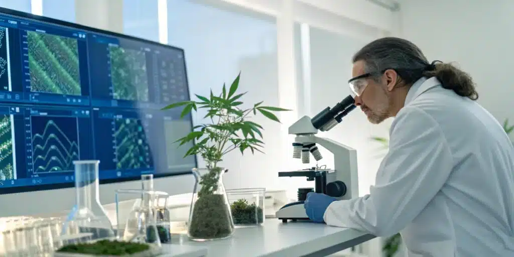 Realistic lab scene demonstrating beneficial microbes in cannabis soil through microscopic analysis and digital readouts.