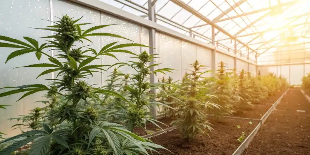 Realistic image of a greenhouse where beneficial microbes boost cannabis growth in nutrient-rich soil.