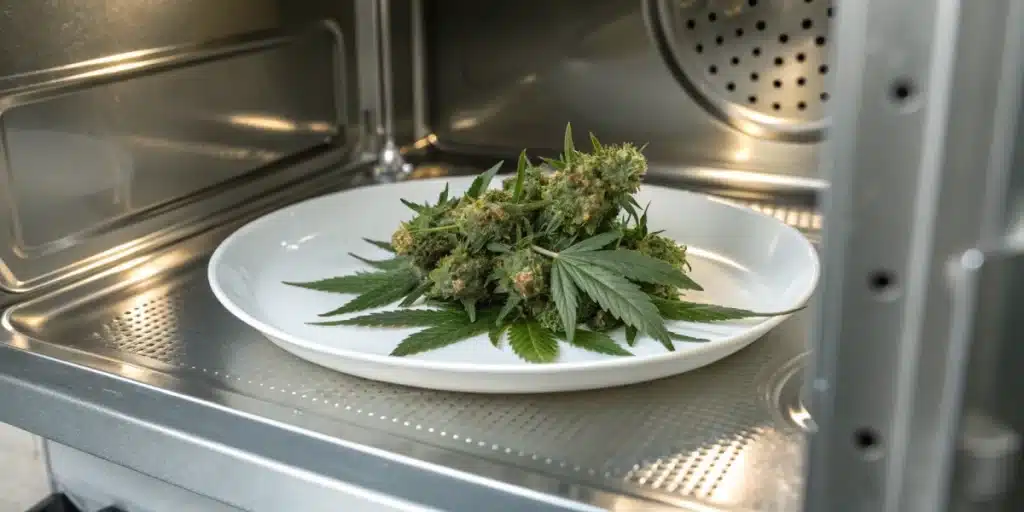 Realistic image of cannabis buds placed on a plate inside a microwave, demonstrating the quick drying method.