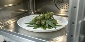Realistic image of cannabis buds placed on a plate inside a microwave, demonstrating the quick drying method.