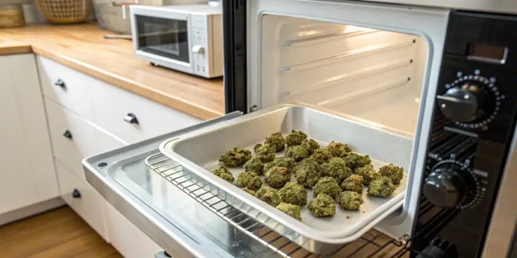Realistic image of a tray of dried cannabis buds on a microwave-safe dish in a modern kitchen after rapid drying.