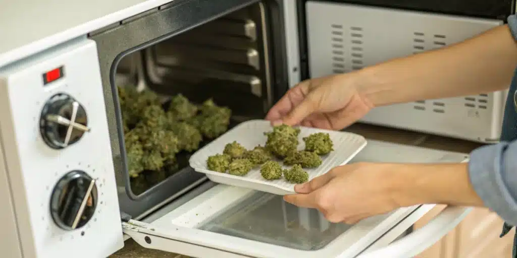 Realistic image of a person arranging cannabis buds in a microwave, showcasing the preparation for rapid drying.