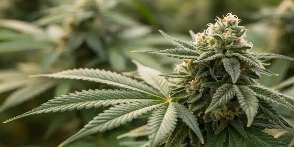 Realistic close-up of cannabis buds with early signs of white mildew on buds clearly visible.