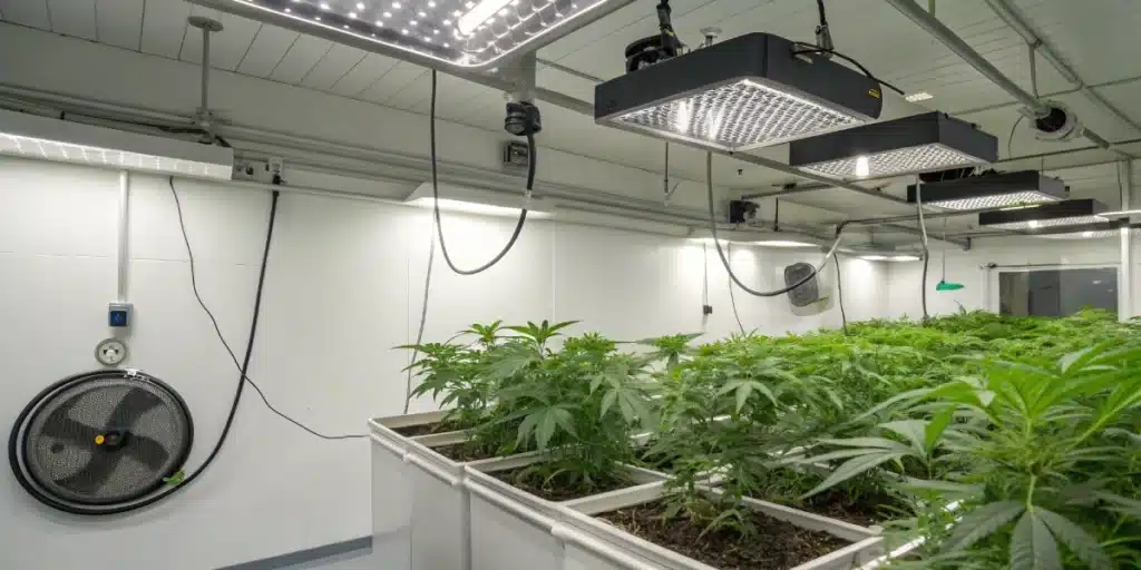 Realistic image of a grow room set up to prevent white mildew on buds through excellent environmental controls.