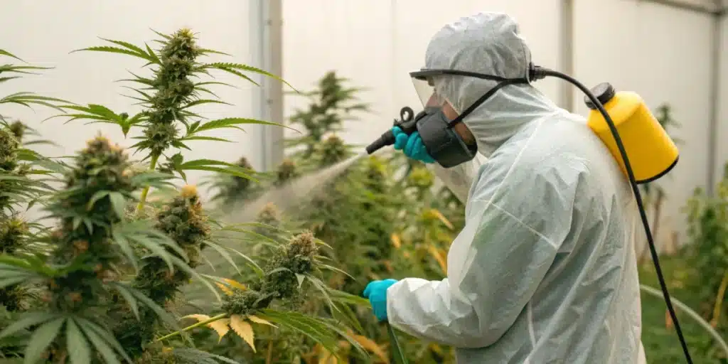 Realistic scene of a gardener treating cannabis buds with a spray to eliminate white mildew on buds effectively.
