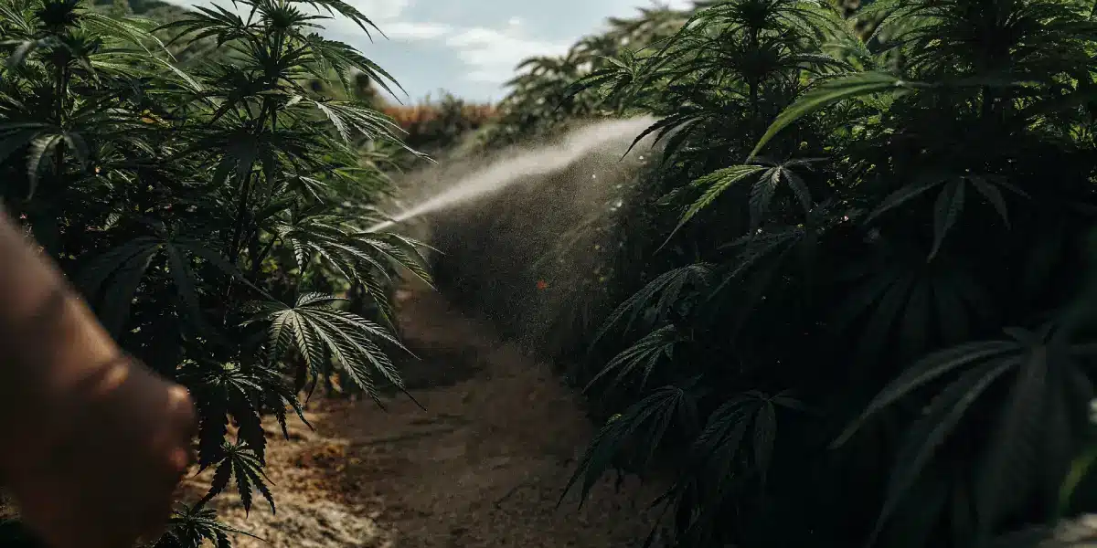 Close-up of a person's hand holding a hose, spraying water into a dense row of outdoor cannabis plants.