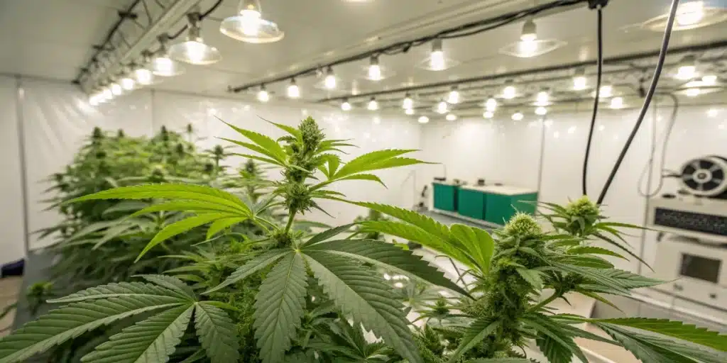 Moby Dick Auto Strain flowering under bright grow lights inside a clean, high-tech indoor cultivation room.