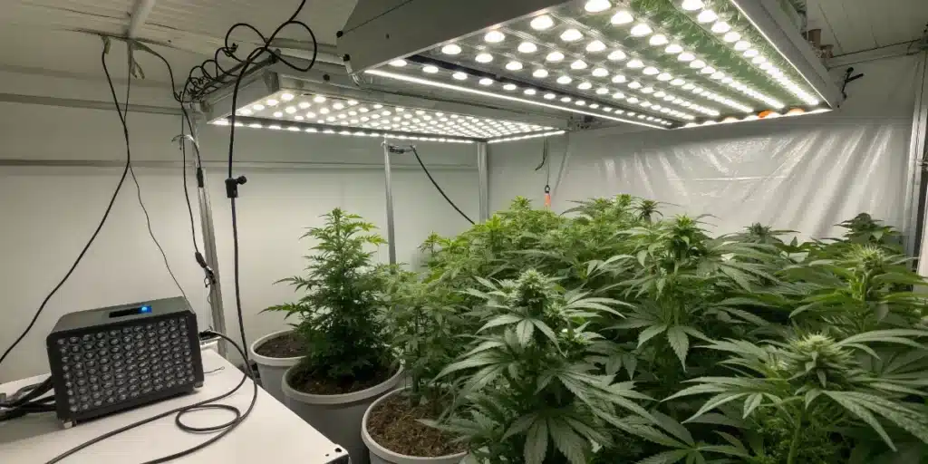Indoor grow setup with LED panels above healthy Moby Dick Auto Strain plants in large pots inside a reflective grow tent