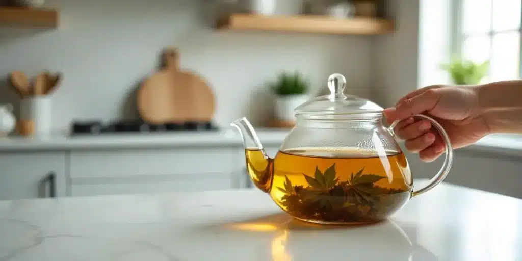Glass teapot with cannabis leaves steeping in golden herbal tea