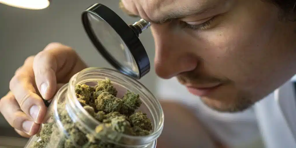 Realistic close-up of an individual examining moldy weed in jar, illustrating the importance of proper cannabis storage.