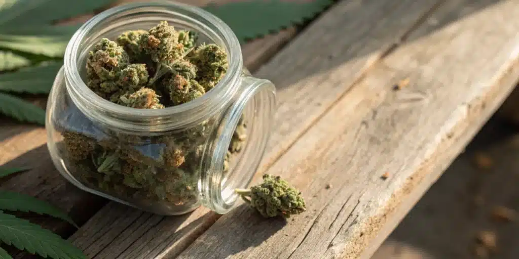 Realistic view of moldy weed in jar with visible mold spots on cannabis buds, highlighting poor storage conditions.