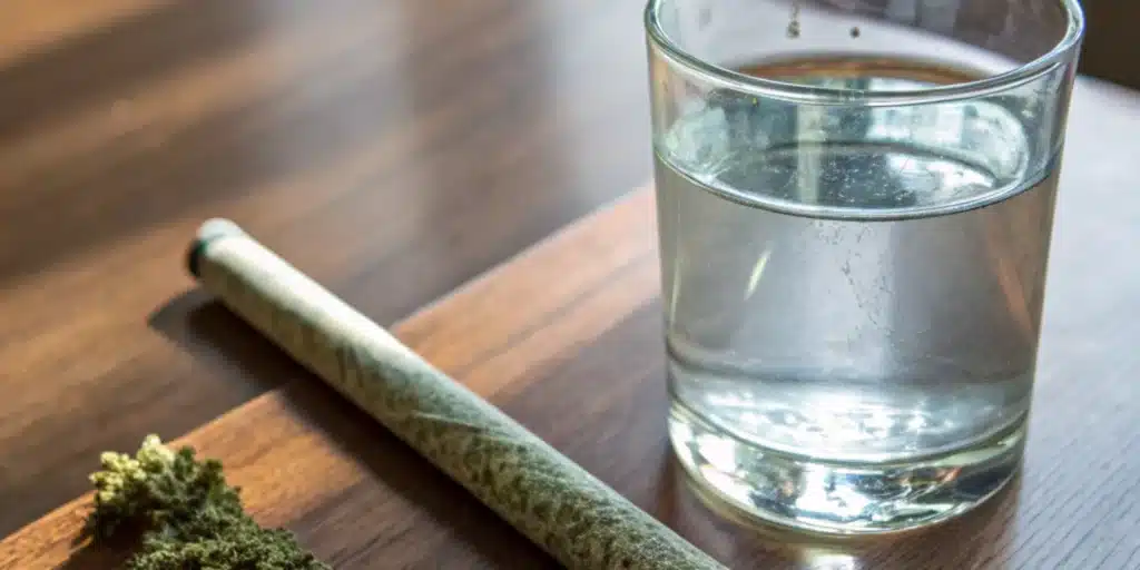 Realistic image showing a cannabis joint next to a glass of water, symbolizing the connection between pot use and dry mouth.