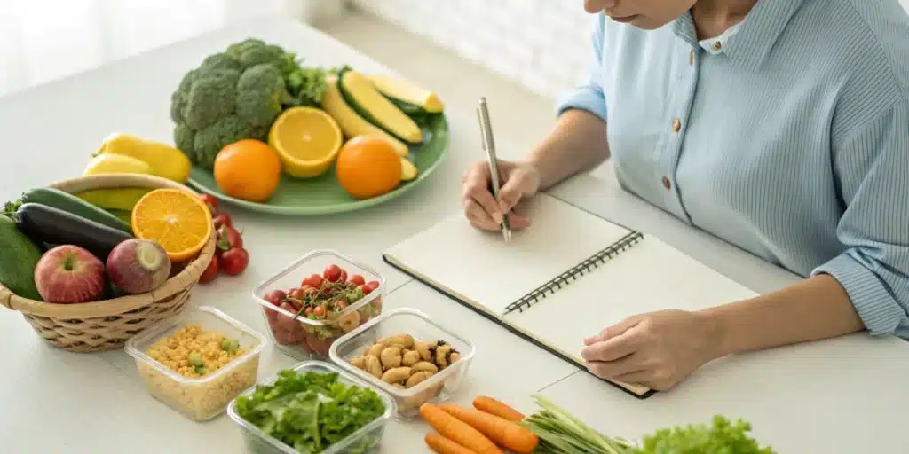 Realistic image of meal planning with a notebook and healthy ingredients, highlighting an effective strategy to prevent munchies.
