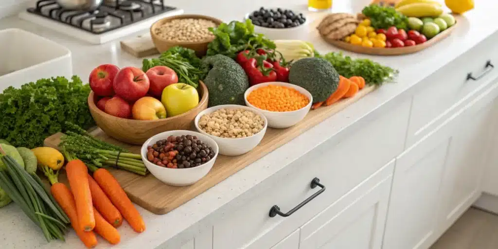 Realistic view of a well-organized kitchen counter with healthy foods, illustrating strategies to prevent munchies naturally.