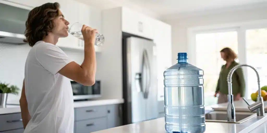Realistic image of an individual staying hydrated in a modern kitchen, demonstrating how proper water intake helps prevent munchies.