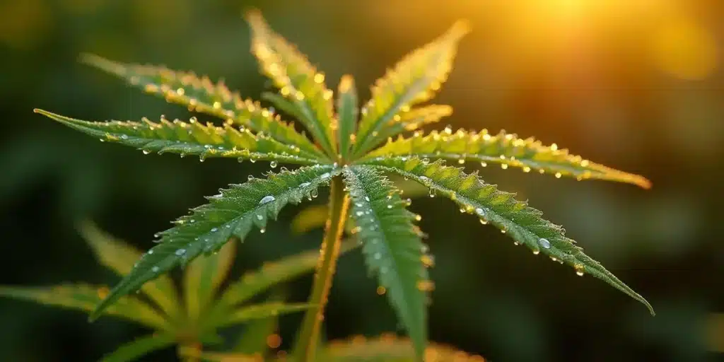 Dew-covered cannabis leaf at sunrise highlighting esters in cannabis.