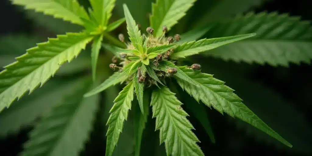 Top view of cannabis plant infested with gnats and surrounded by green leaves.