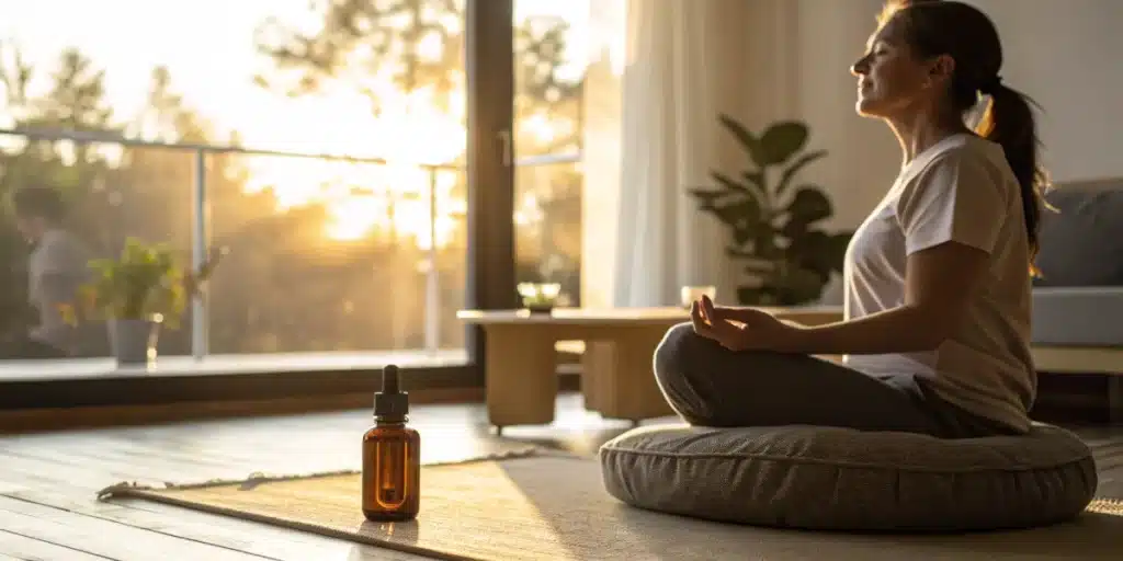 Calm scene illustrating neurogenesis cbd use alongside mindfulness for brain health.