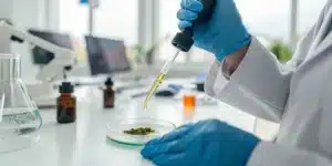Laboratory image showing neurogenesis cbd research with neural stem cells and CBD dropper.