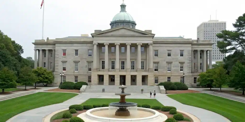 Historic North Carolina Capitol building with domed roof and front fountain on a cloudy day.