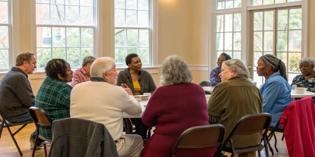 Senior community members gathered indoors for a group discussion in North Carolina.