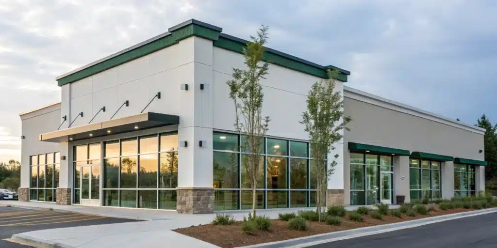 Realistic view of a licensed cannabis dispensary in North Carolina, showcasing legal signage and regulated cannabis products.