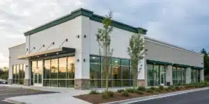 Realistic view of a licensed cannabis dispensary in North Carolina, showcasing legal signage and regulated cannabis products.