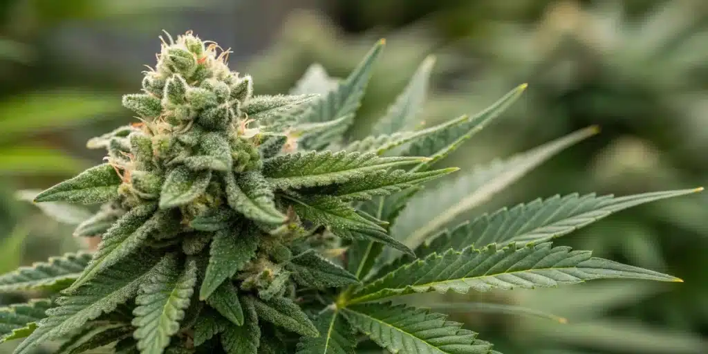 Close-up of Northern Lights V x Amnesia Haze Strain flower with frosty trichomes and healthy green leaves.