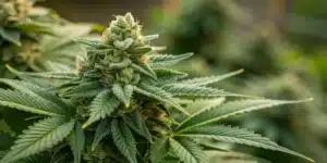 Northern Lights V x Amnesia Haze Strain plant with dense trichomes and thick buds in full bloom outdoors.