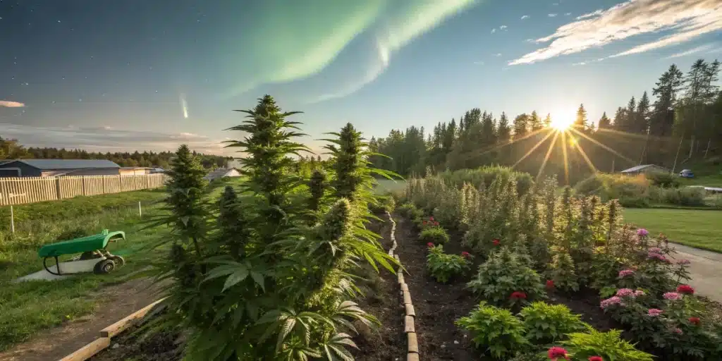 Tall Northern Lights x Big Buds Autoflower Strain plants under northern lights and early morning sun in garden rows.