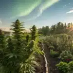 Tall Northern Lights x Big Buds Autoflower Strain plants under northern lights and early morning sun in garden rows.