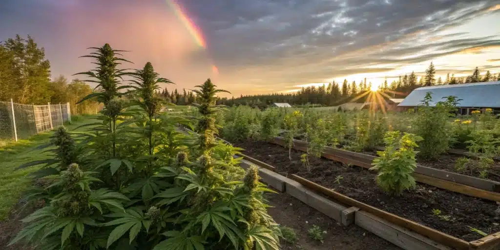 Northern Lights x Big Buds Autoflower Strain growing in raised beds at sunset with rainbow and lush green landscape.