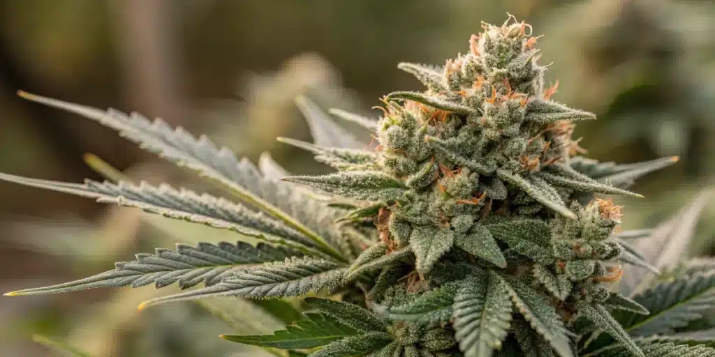 Close-up of a dense Northern Lights x Skunk cannabis bud with prominent orange pistils and frosty trichomes.