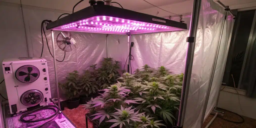 Indoor grow tent with Northern Lights x Skunk cannabis plants under purple LED lights and ventilation.