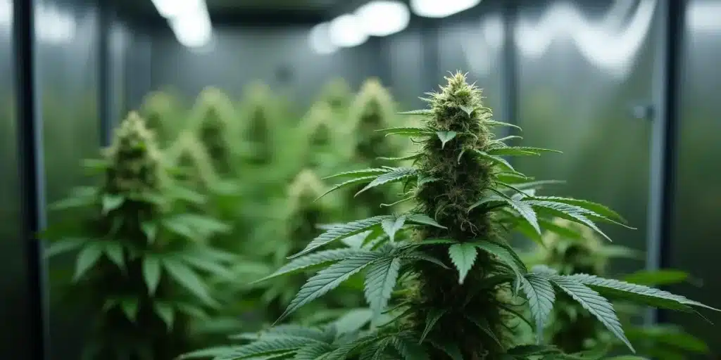Close-up of thick cannabis buds inside a humidity-controlled grow tent.
