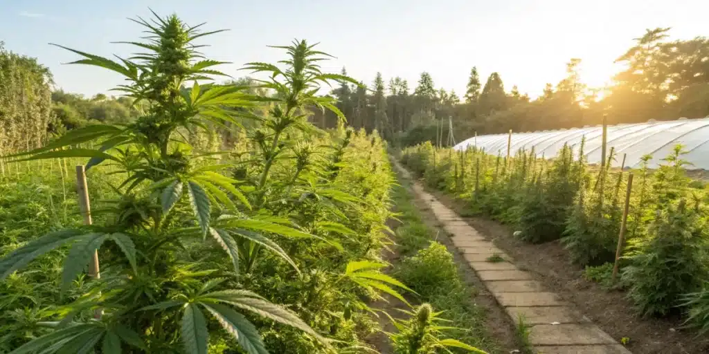 Realistic image of organically grown weed in a sunlit garden showcasing natural cultivation methods.