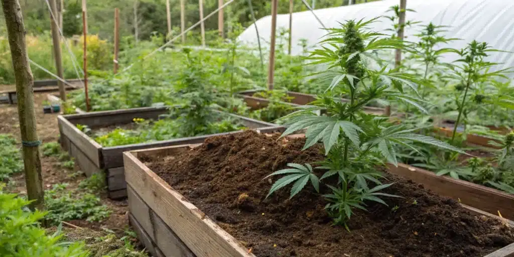 Realistic view of organic weed cultivation with natural fertilizers and compost supporting healthy cannabis growth.
