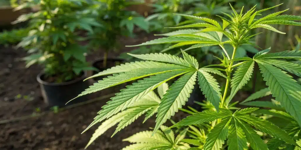 Realistic close-up of organic cannabis leaves thriving in nutrient-rich soil under natural sunlight.