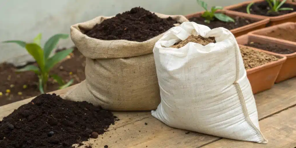 Realistic close-up of fertilizer bags illustrating organic vs synthetic fertilizer options.